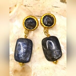 Natural Blue Kyanite In Hammered Gold Bezel & Kyanite Drop Stone Earrings